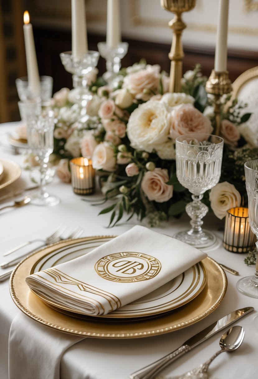 A wedding table set with folded monogrammed napkins, fine china, crystal glasses, silver cutlery, floral centerpieces, and candles.