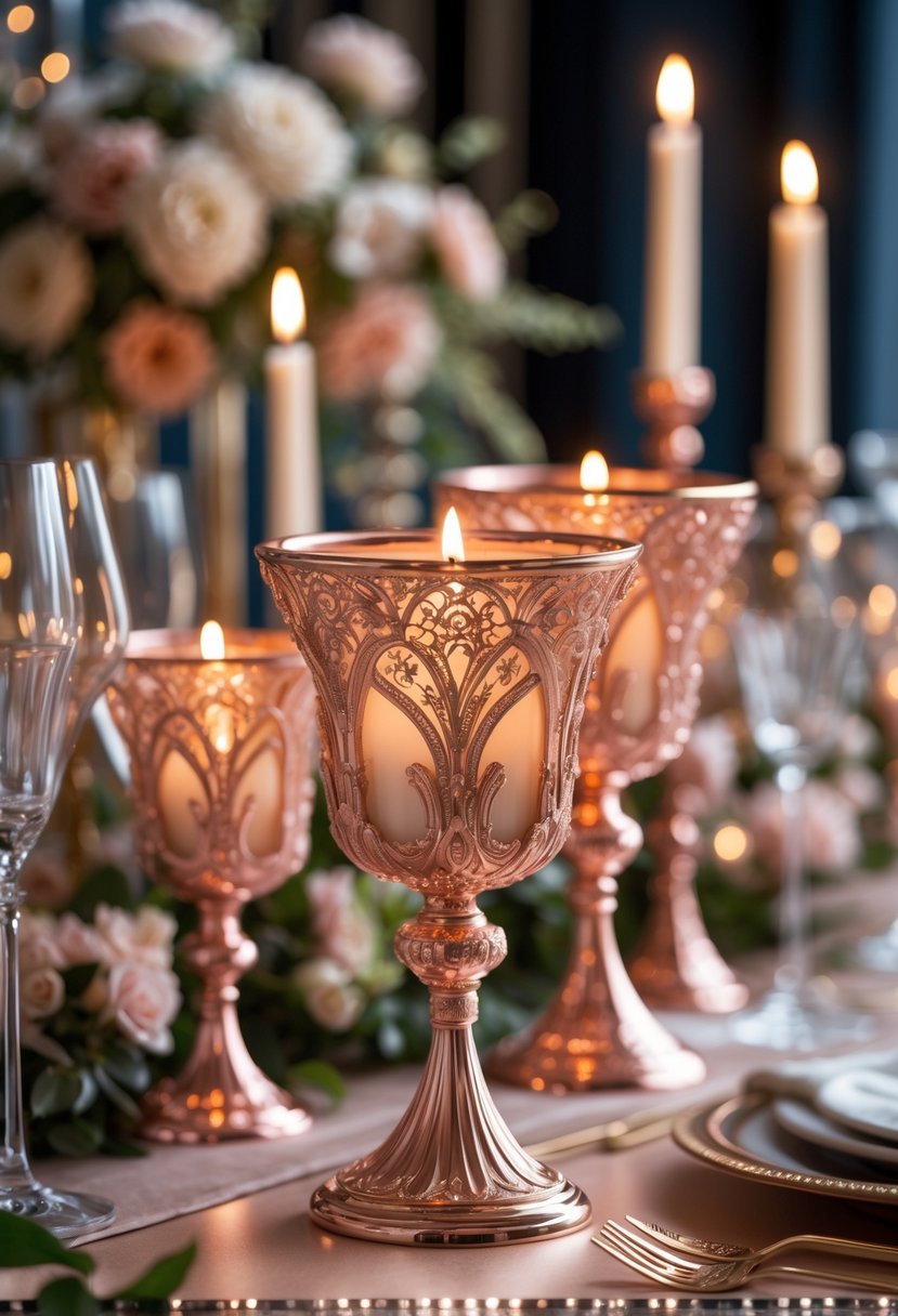 Rose gold candle holders with intricate designs displayed on a table surrounded by wedding décor elements.