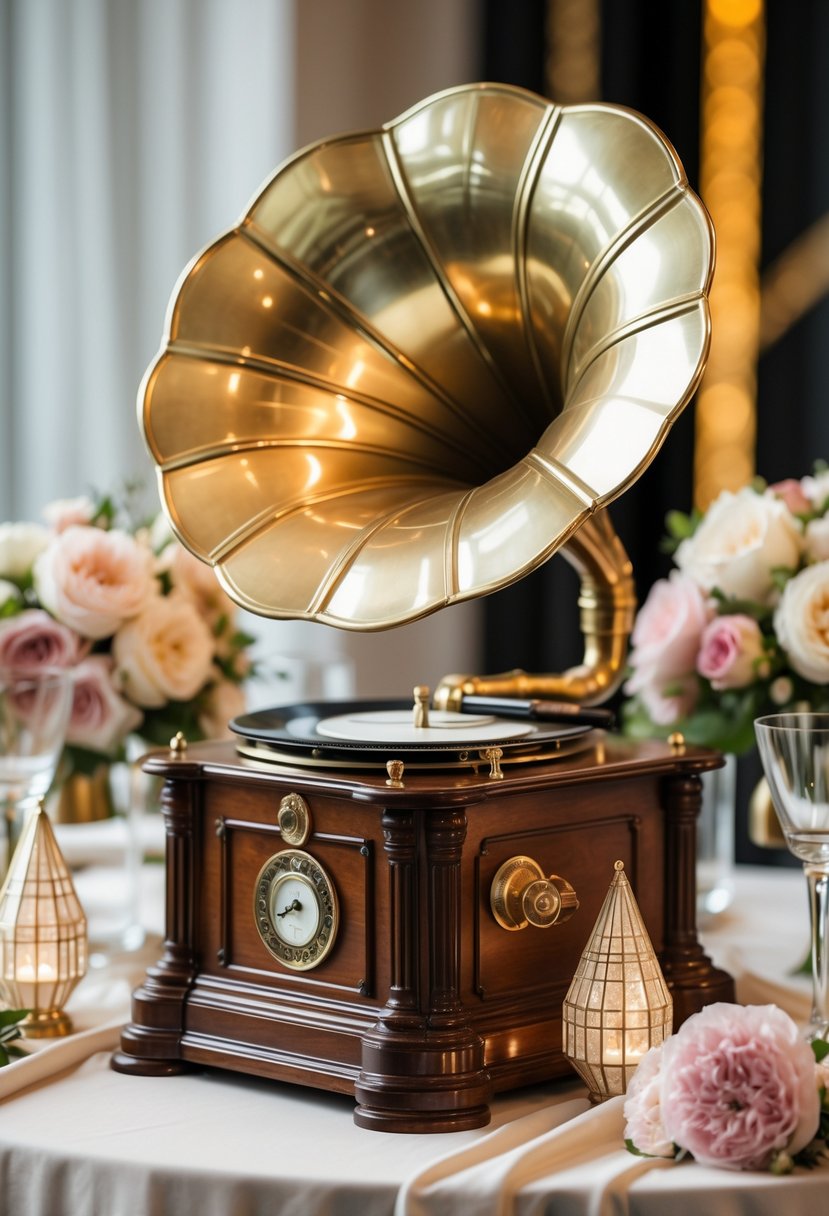 A vintage gramophone centerpiece on a wedding table surrounded by flowers and elegant decorations.