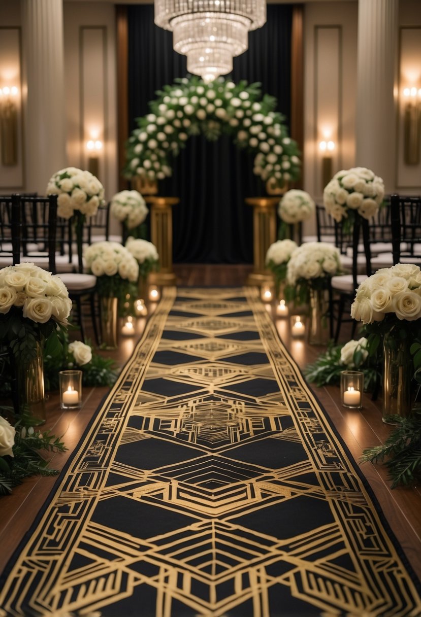 A wedding aisle with a decorative runner, floral arrangements on each side, and a decorated altar in the background.