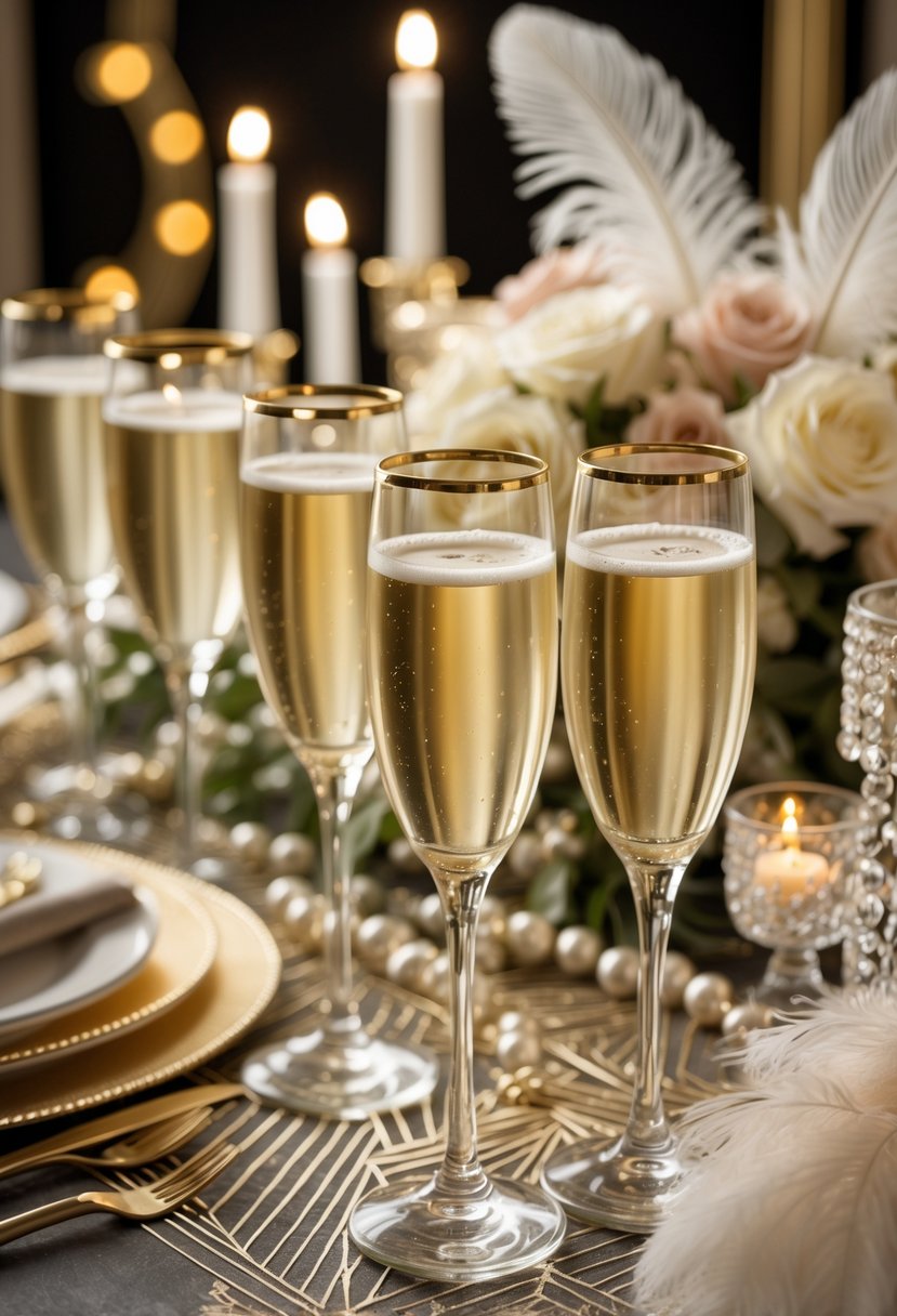 A table set with gold-rimmed champagne glasses filled for a toast, surrounded by elegant wedding decorations including feathers, pearls, and floral arrangements.