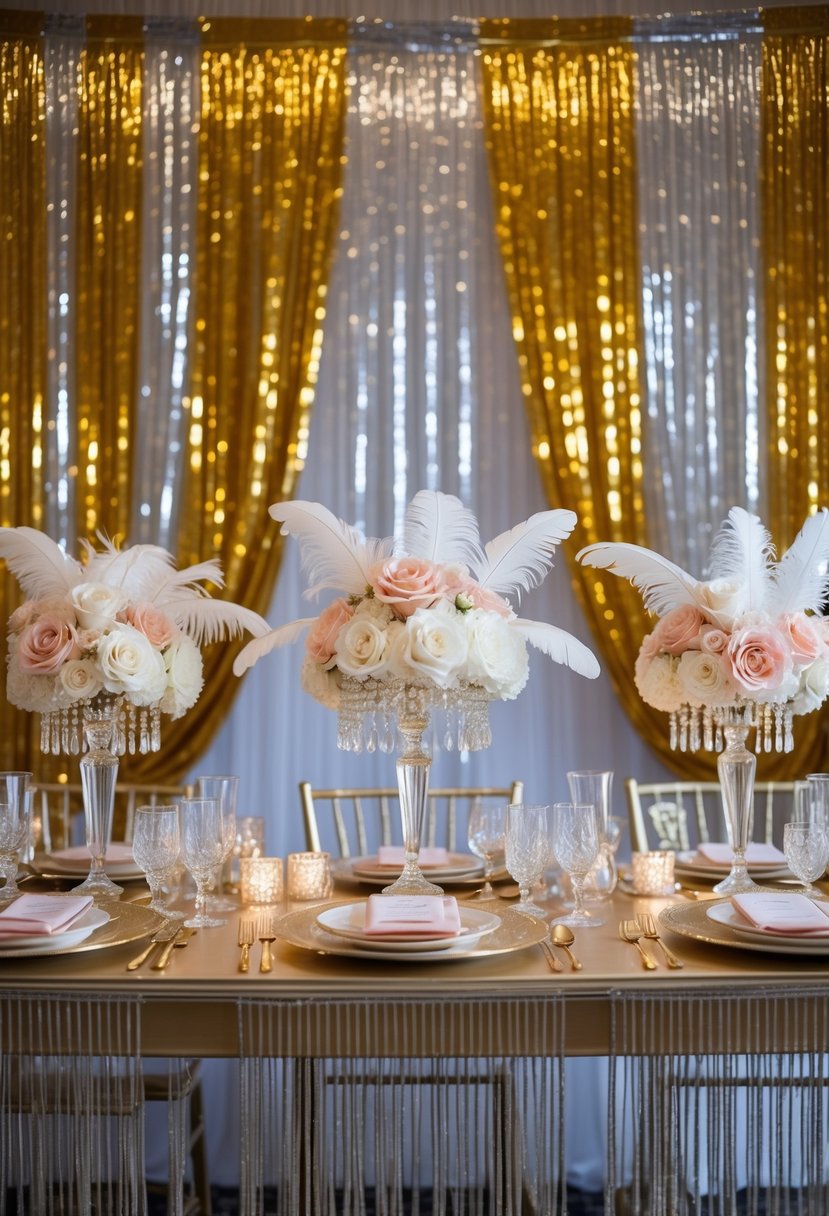 Wedding table with gold and silver fringe curtain backdrop, decorated with vintage glassware, floral centerpieces, and crystal chandeliers.
