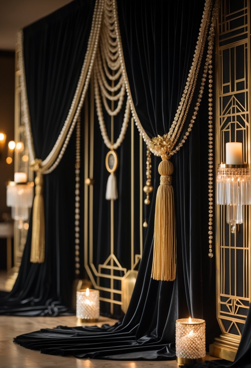 Black velvet drapes with gold tassels arranged as part of an elegant wedding decoration setup.
