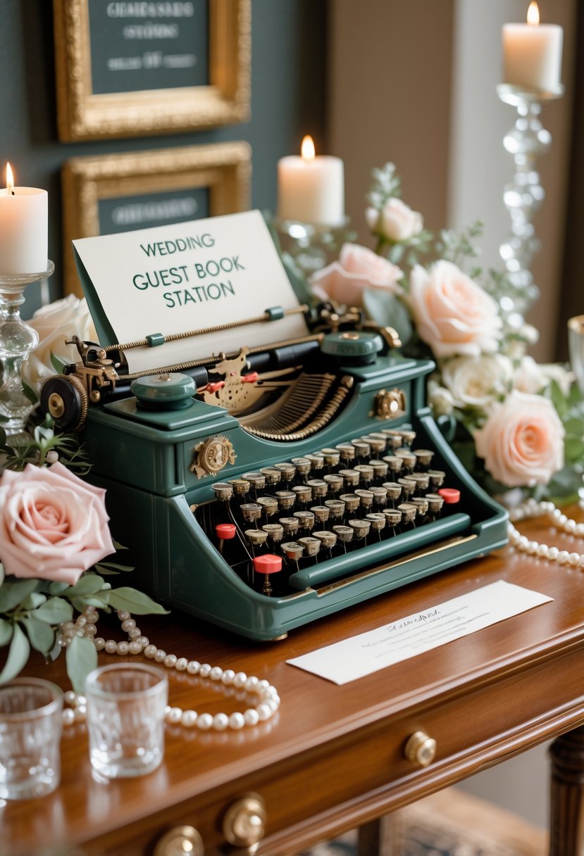 A wedding guest book station with an antique typewriter, flowers, and decorative elements on a wooden table.
