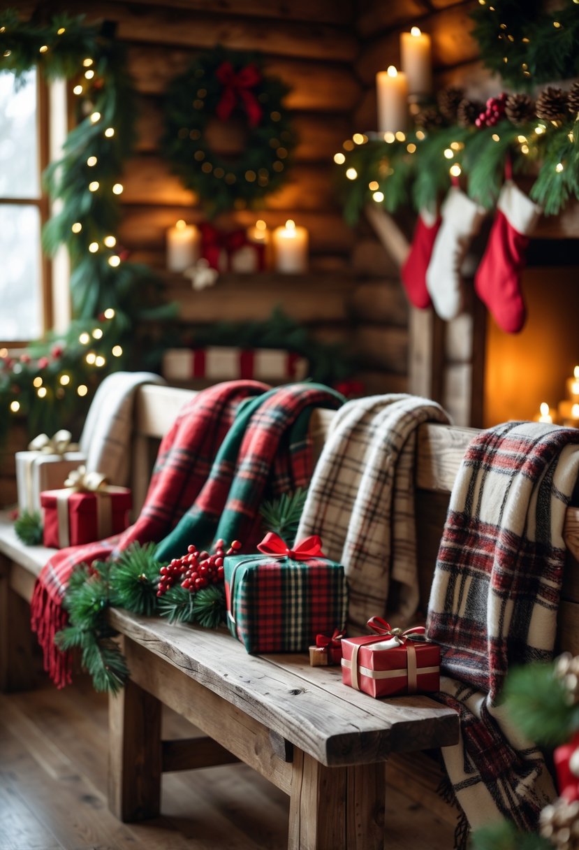 Rustic wooden benches with plaid blankets and Christmas decorations inside a cozy cabin.