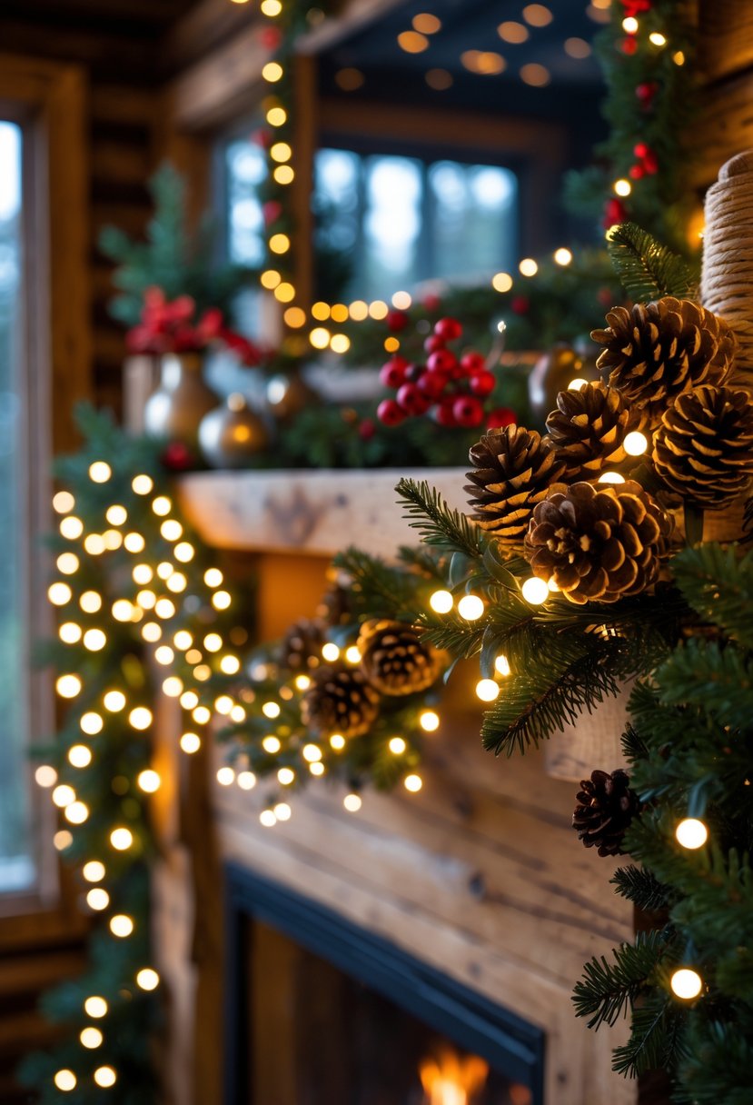 A cozy cabin mantel decorated with a pinecone garland and warm fairy lights, surrounded by festive holiday decorations.
