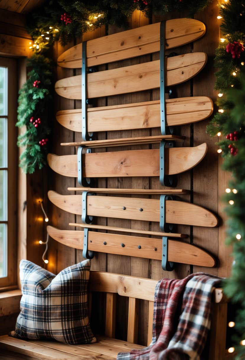 Wooden sleds hanging on a cabin wall surrounded by Christmas decorations and warm lighting.
