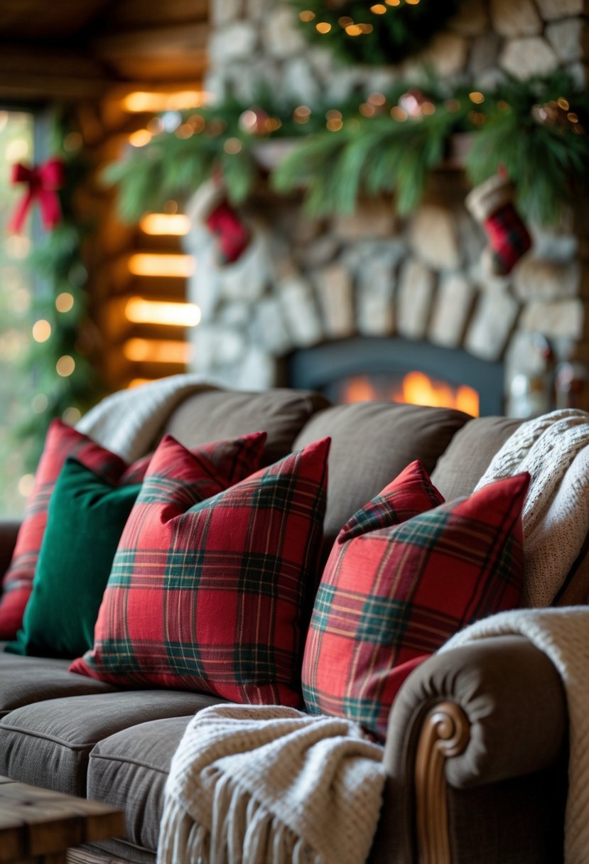 A cozy cabin sofa with red and green tartan throw pillows and Christmas decorations including pine cones and evergreen branches.