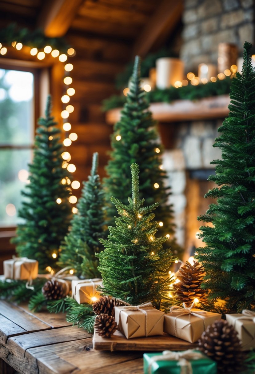 A cozy cabin interior with miniature evergreen Christmas trees and festive decorations on a wooden table.