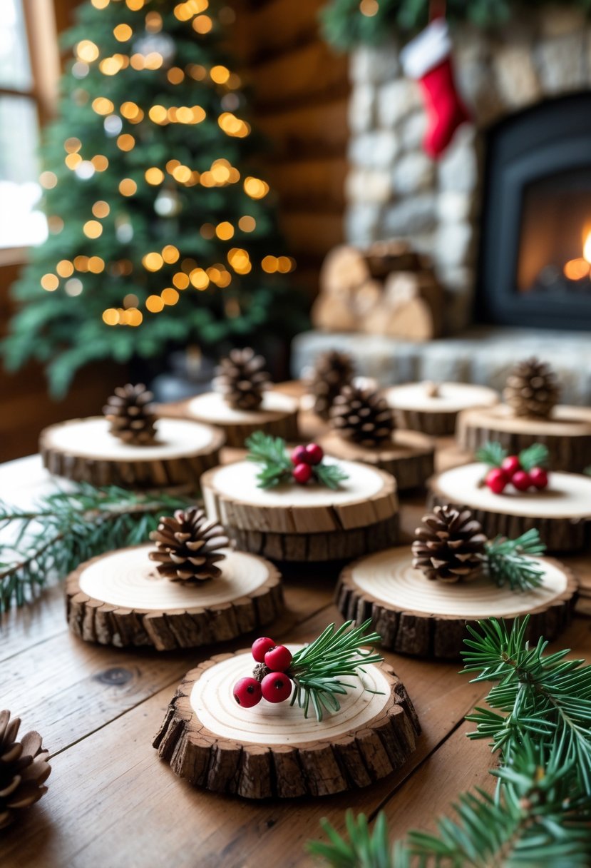 A collection of natural wood slice Christmas ornaments displayed on a wooden table with festive decorations and a blurred Christmas tree in the background.