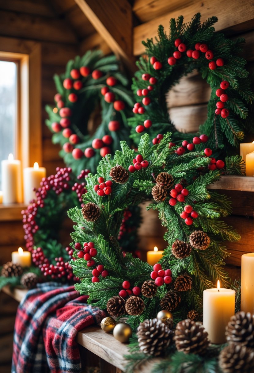 A cozy cabin interior with rustic Christmas wreaths decorated with red berries and pinecones hanging on wooden walls surrounded by festive decorations.