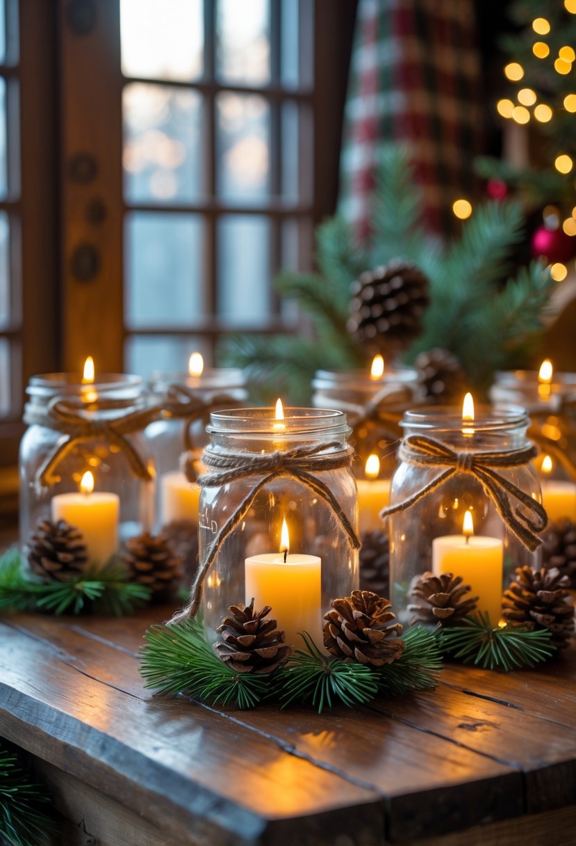 Mason jar candle holders with lit candles and cinnamon sticks arranged on a wooden surface with pine cones and evergreen branches in a cozy Christmas cabin setting.