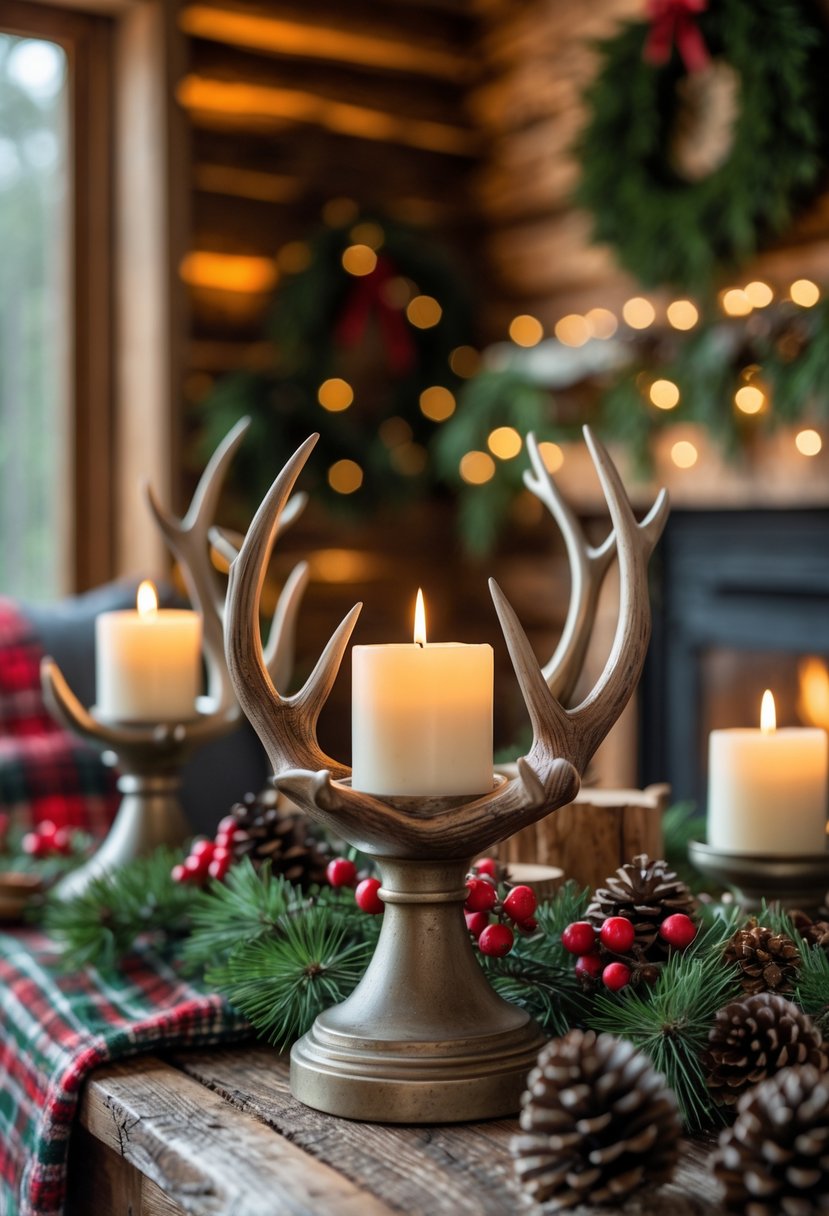Antler-inspired candle holders with lit candles on a wooden table surrounded by Christmas decorations inside a cozy cabin.