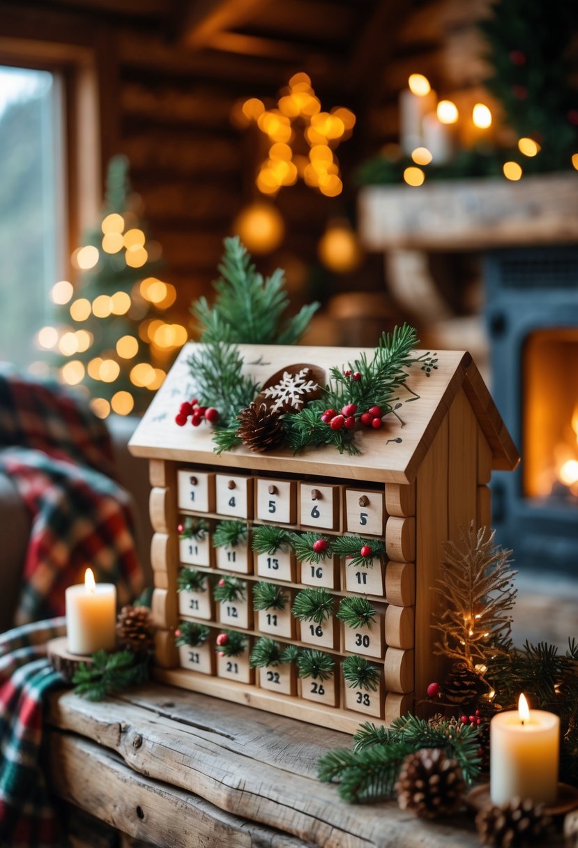 A wooden advent calendar with small numbered compartments surrounded by Christmas decorations and warm lights inside a cozy cabin.