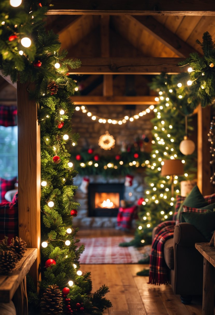 Cozy cabin decorated for Christmas with warm string lights woven through green garlands and rustic wooden furniture.