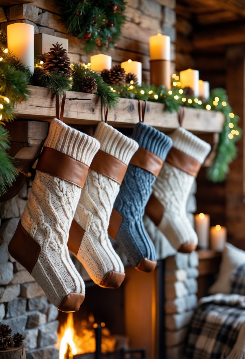 A cozy cabin interior decorated for Christmas with knit stockings hanging on a wooden mantel above a stone fireplace.