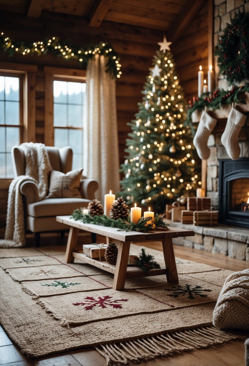 Cozy cabin interior with jute rugs featuring festive patterns, a decorated Christmas tree, and warm holiday decorations.