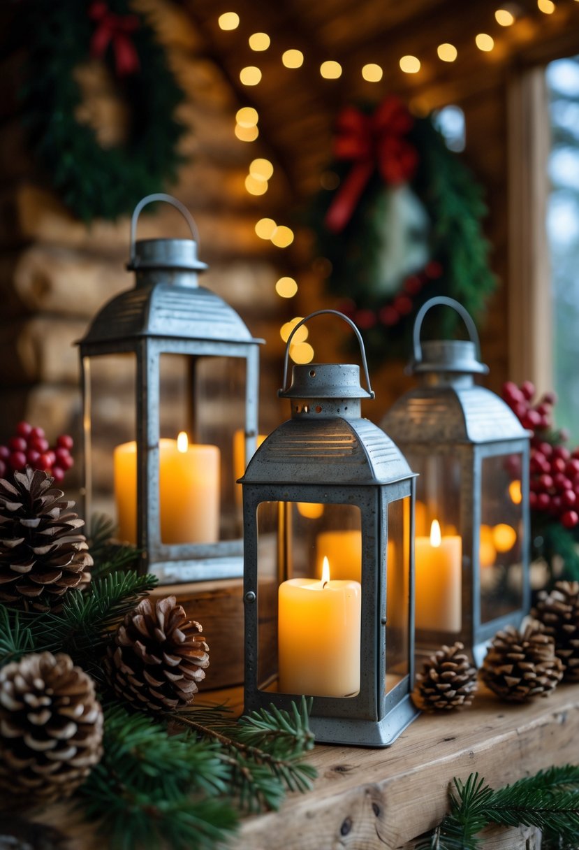 Vintage tin lanterns with glowing LED candles arranged with pinecones and evergreen branches inside a cozy cabin decorated for Christmas.