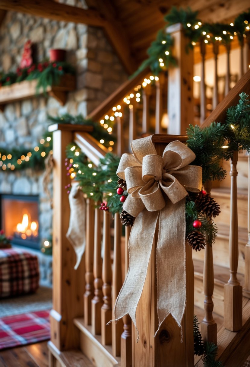 Wooden staircase railings decorated with burlap ribbons and pine garlands in a cozy cabin during Christmas.