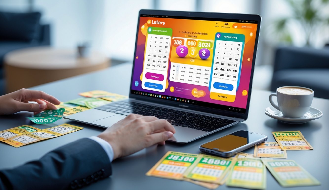 Meja kerja modern dengan laptop yang menampilkan antarmuka lotere online, tiket lotere, ponsel dengan aplikasi taruhan, dan secangkir kopi.