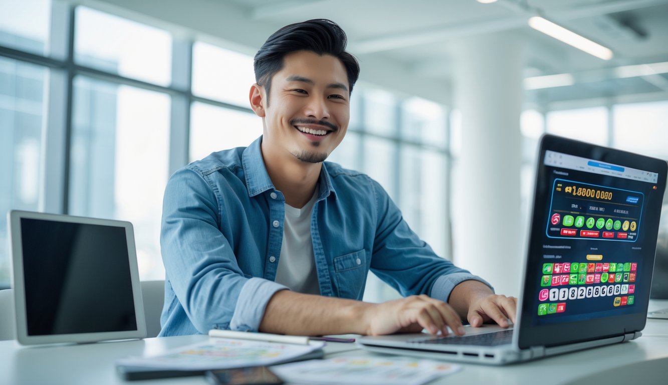 Seorang pria muda tersenyum duduk di depan laptop di kantor modern dengan suasana cerah.