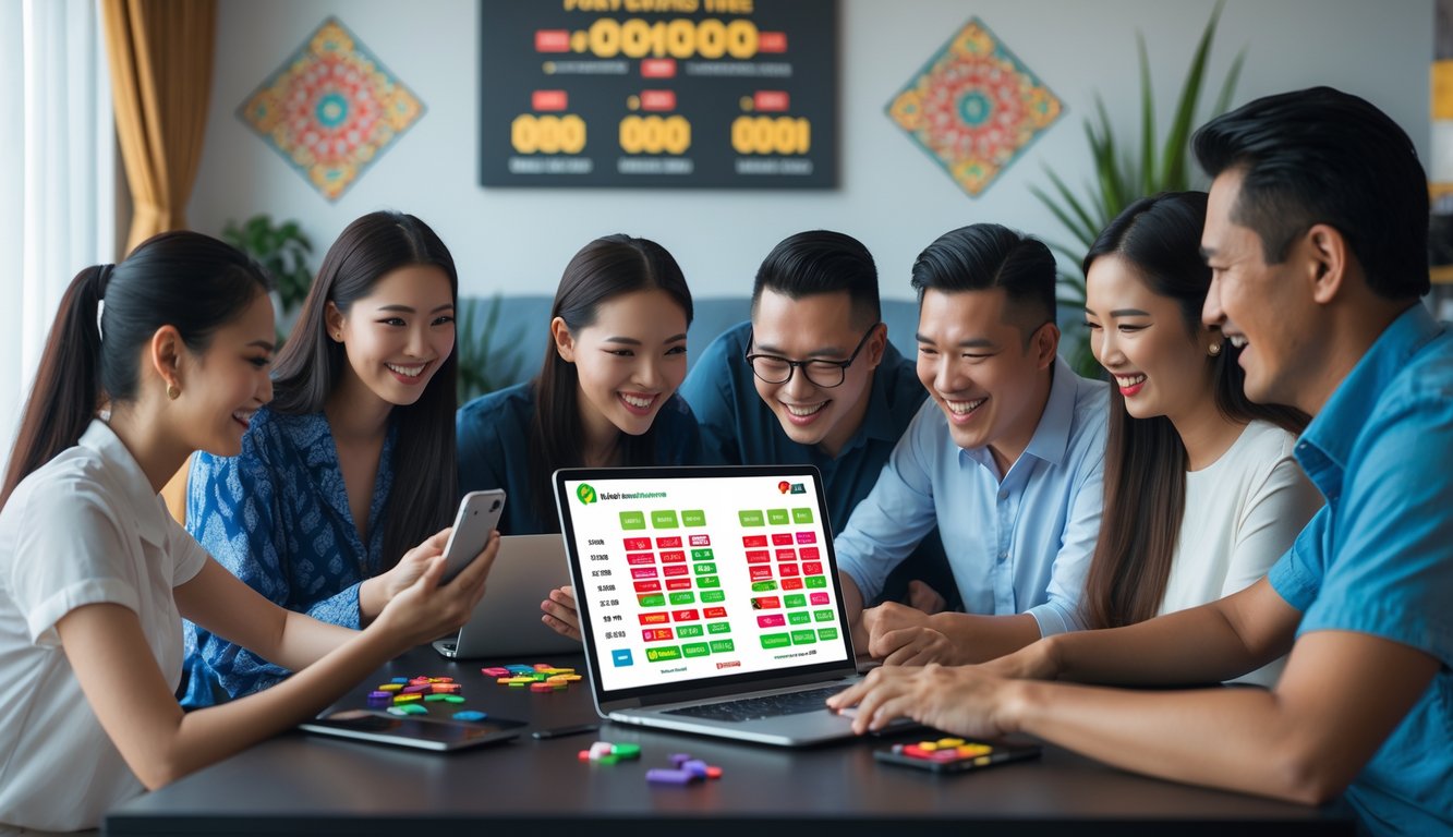 Sekelompok orang Indonesia sedang menggunakan laptop dan ponsel untuk bermain togel online di sebuah ruangan yang nyaman.