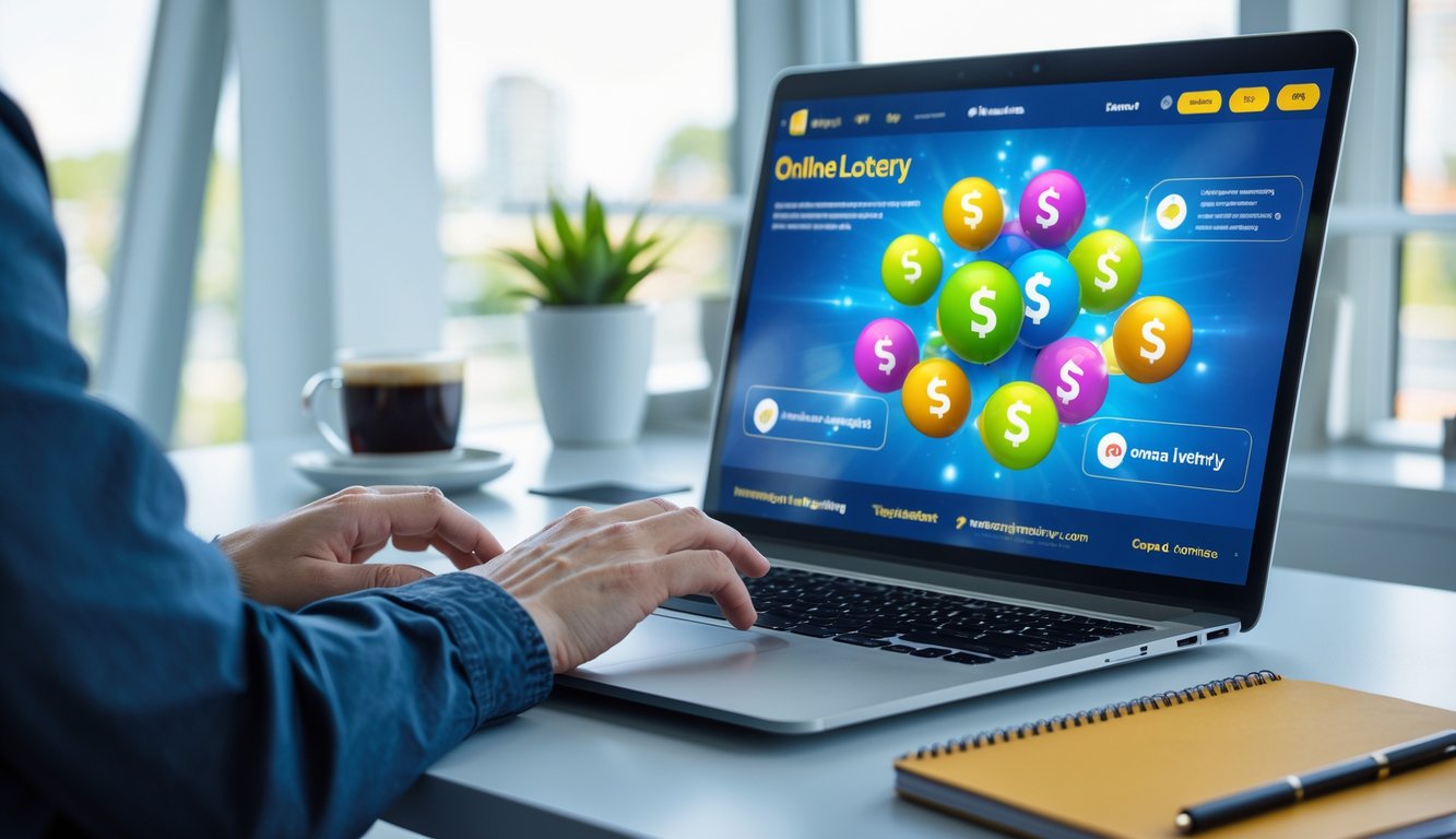 Seseorang menggunakan laptop di meja kerja dengan suasana terang, terlihat fokus dan antusias saat mengakses platform togel online.