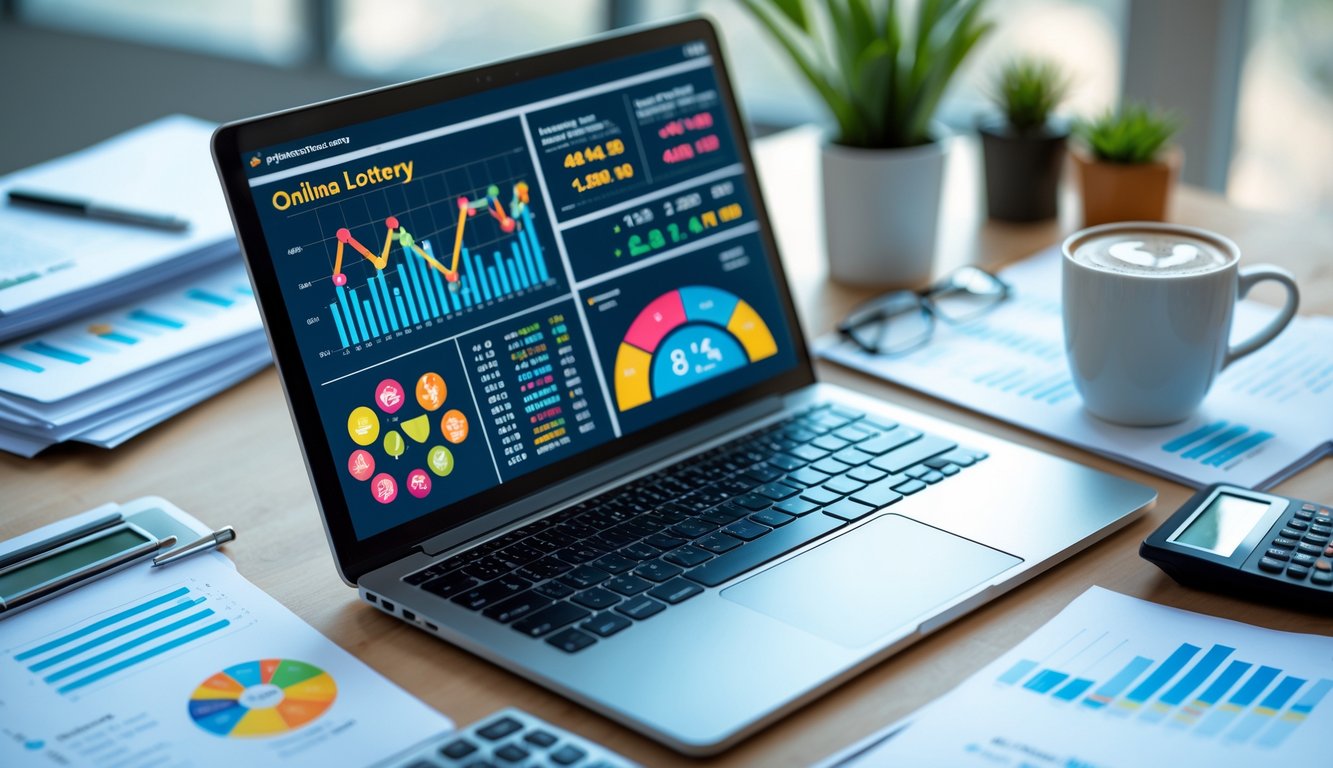 Meja kerja modern dengan laptop yang menampilkan grafik statistik dan data angka, dikelilingi dokumen dan alat tulis.