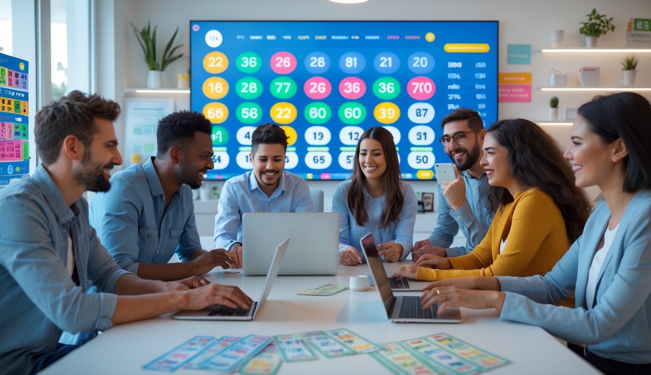 Sekelompok orang bermain lotere online di ruang modern dengan layar digital menampilkan angka lotere.