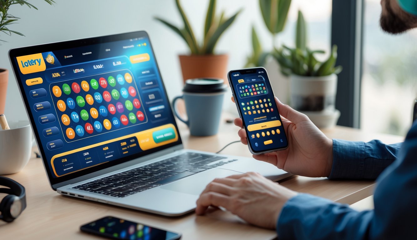 Seseorang menggunakan laptop dan smartphone untuk bermain togel online di meja kerja yang rapi dengan tanaman dan cangkir kopi.