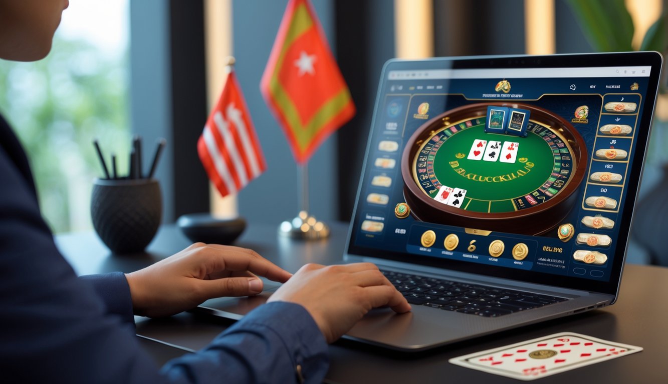 Seorang pemain sedang bermain blackjack online di depan komputer dengan meja permainan dan kartu terlihat, di latar belakang terdapat elemen budaya Indonesia.