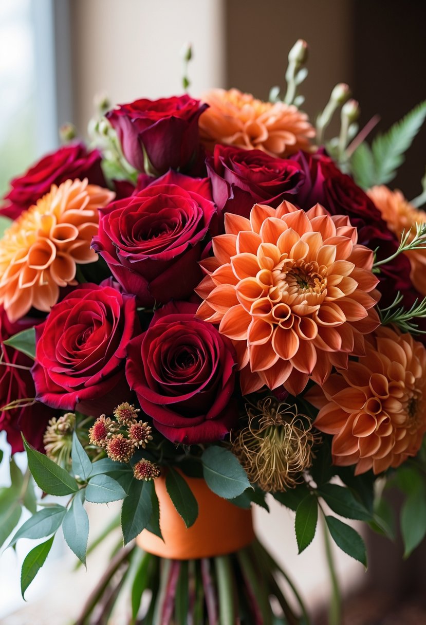 A bouquet of rich red roses and burnt orange dahlias arranged together with greenery.