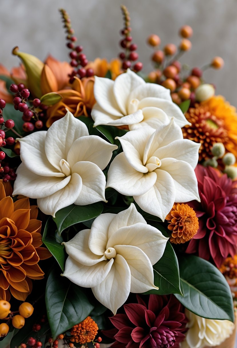 Close-up of creamy white gardenias surrounded by autumn flowers in warm orange, red, and yellow tones.
