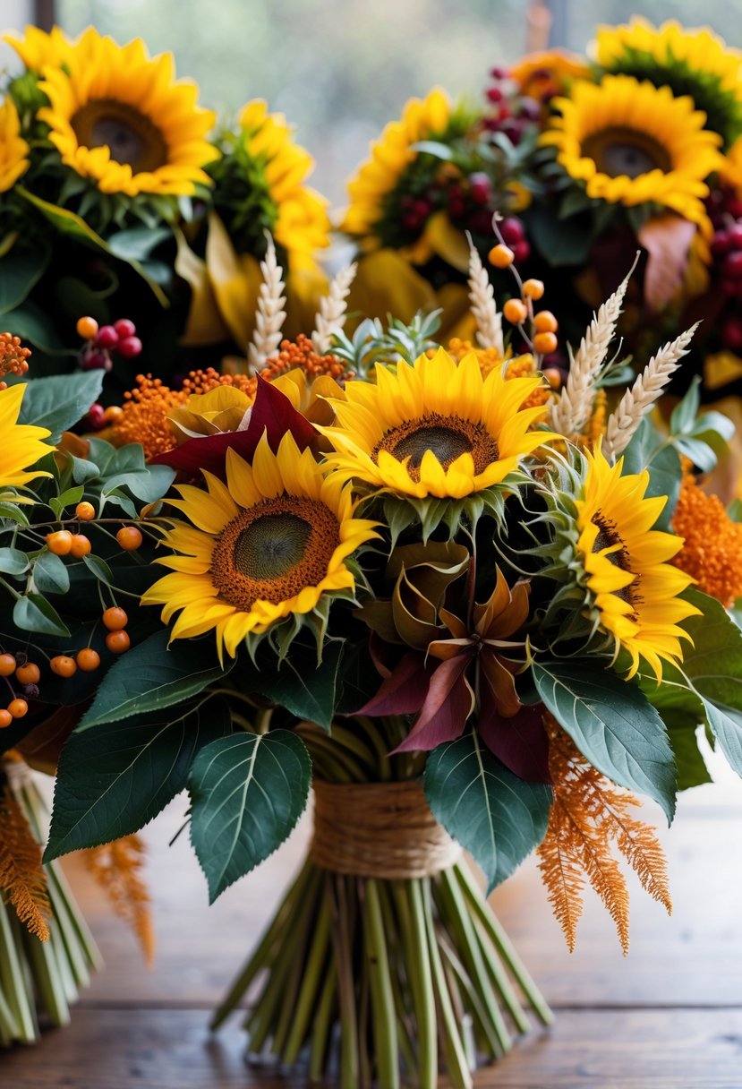 Several sunflower bouquets with autumn leaves and greenery arranged on a wooden surface.