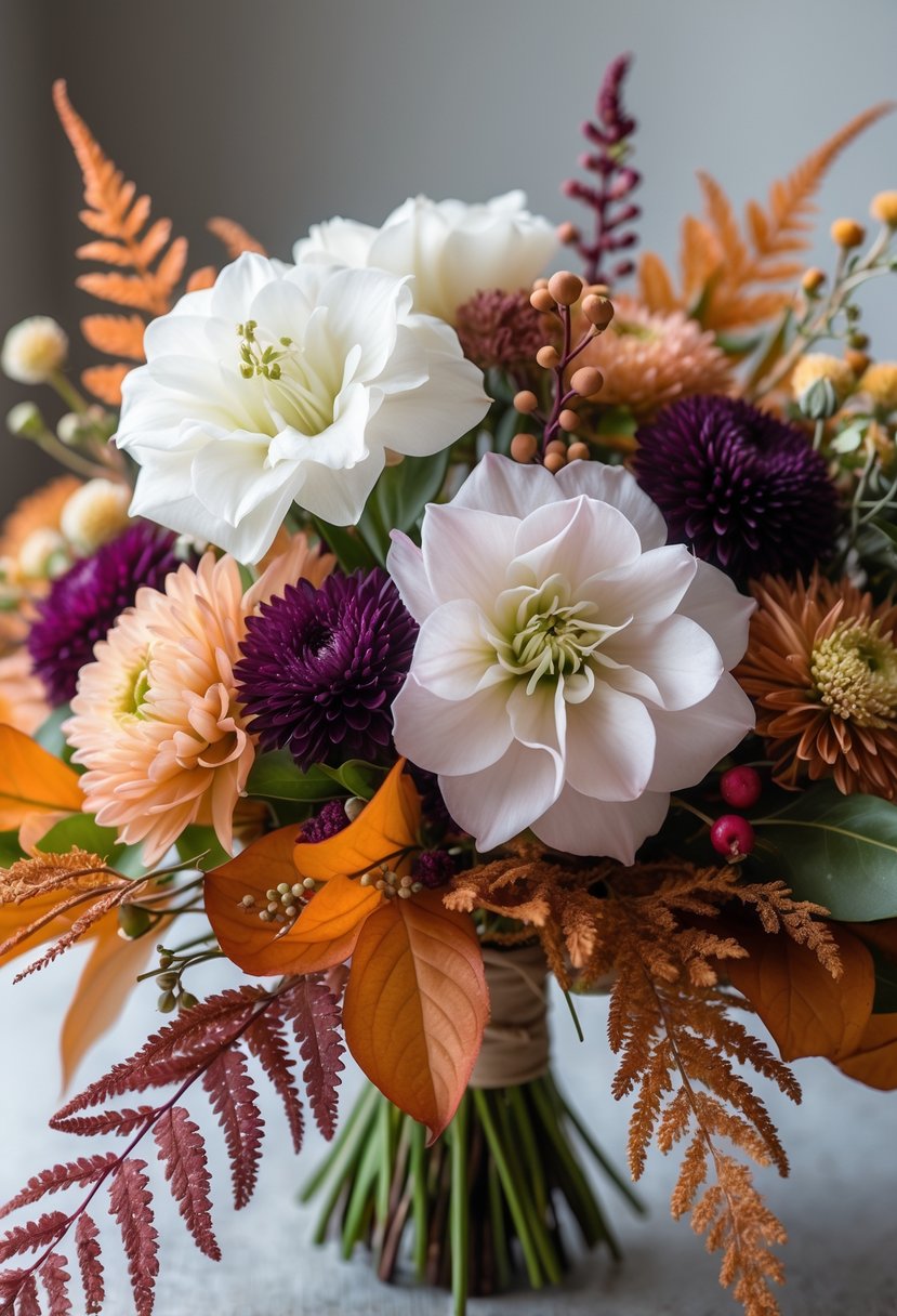 A close-up of an autumn wedding bouquet with white and pale pink lisianthus flowers, deep purple accents, and warm fall foliage.
