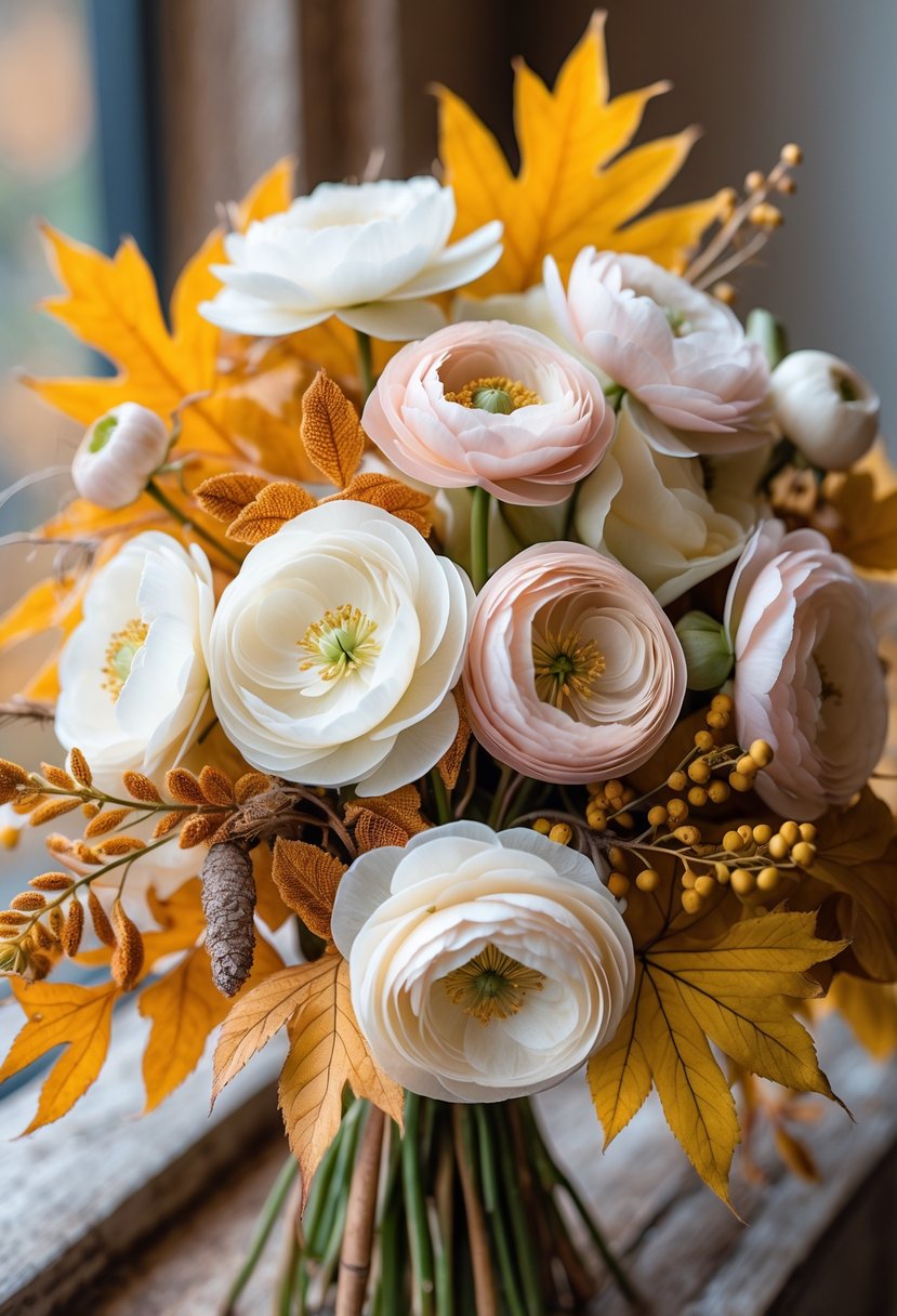 A bouquet of ranunculus flowers mixed with golden yellow autumn leaves.