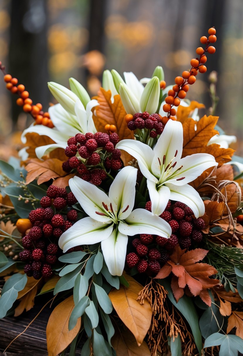 A close-up of a wedding bouquet with white lilies and red and orange berries surrounded by autumn leaves.