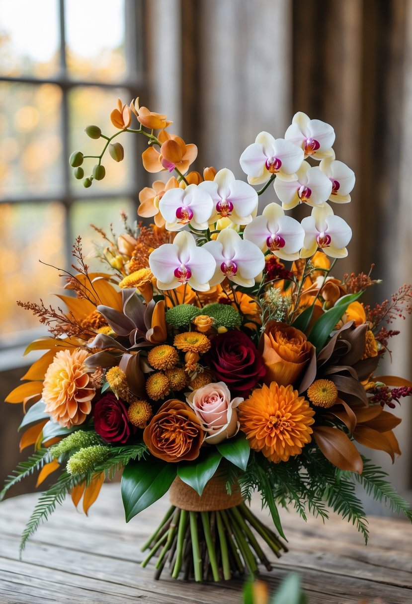 A close-up of an autumn wedding bouquet with orchids and seasonal flowers in warm colors on a wooden surface.