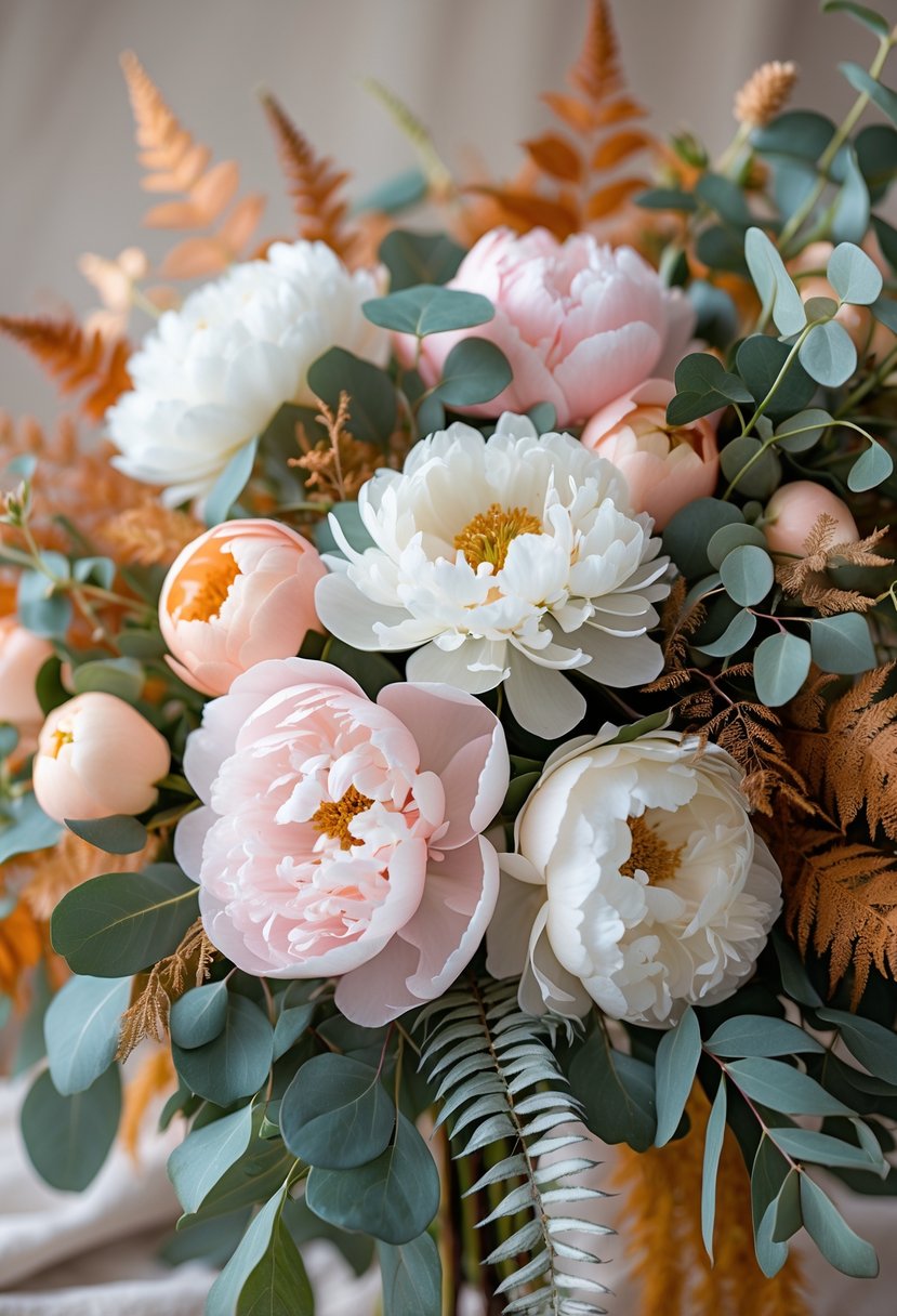 A bouquet of pink and white peonies with textured green leaves arranged for an autumn wedding.