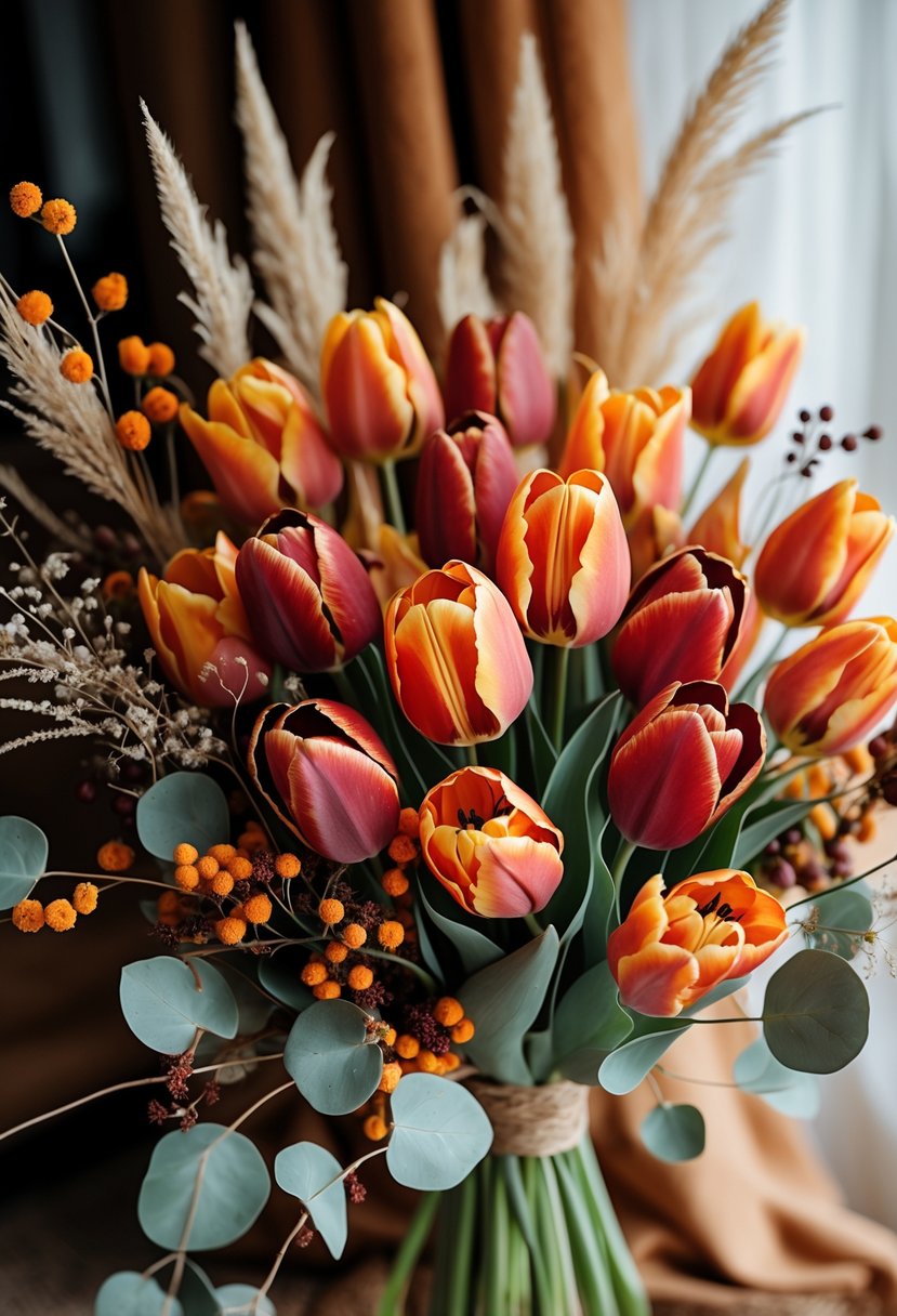 A bouquet of tulips in warm autumn colors with autumnal flowers and leaves.