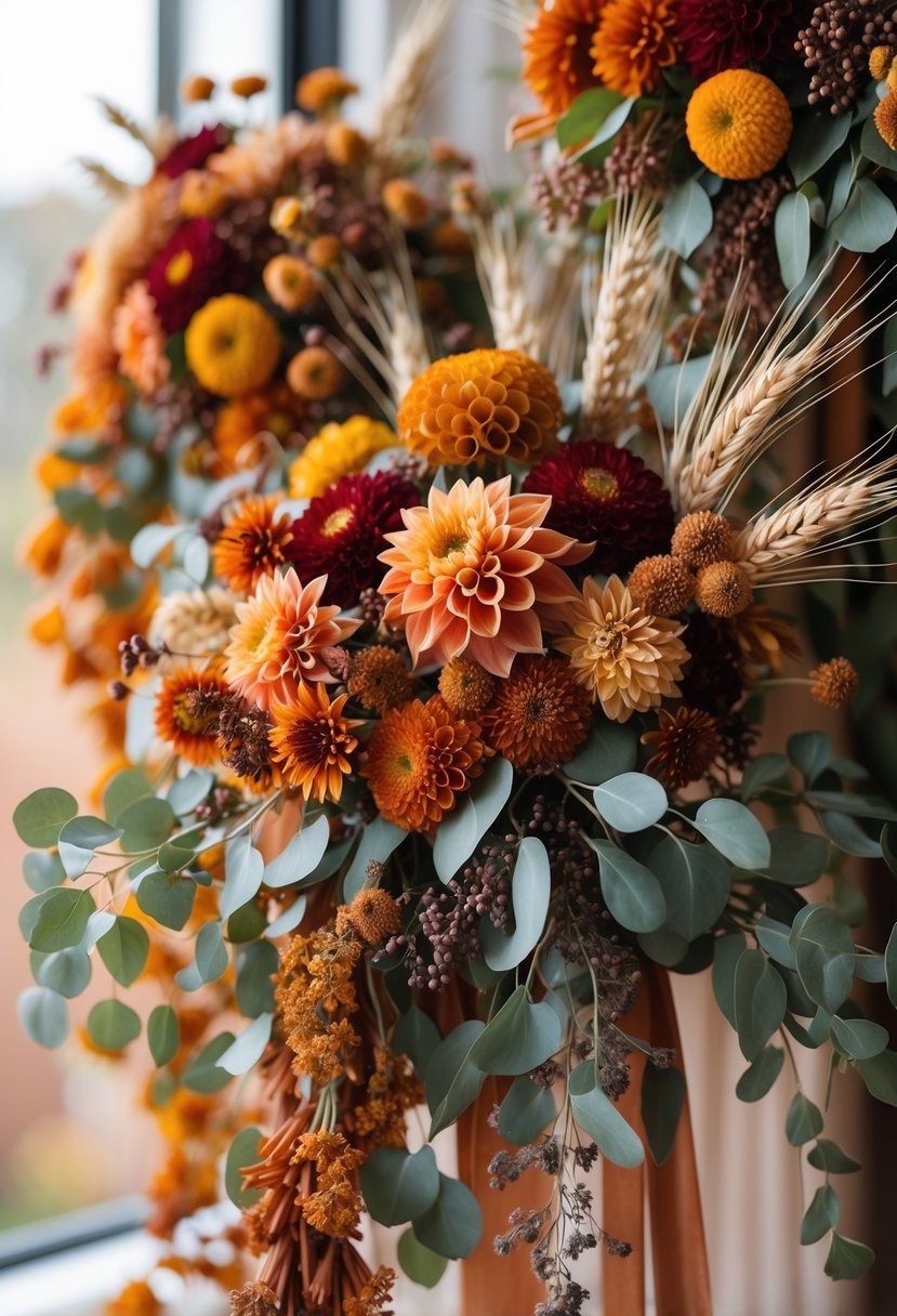 Cascading bouquets of mixed autumn flowers with warm colors and seasonal foliage.