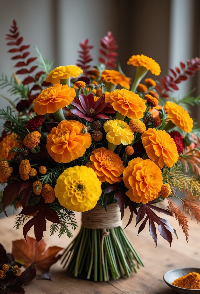 A vibrant bouquet of orange and yellow marigolds with autumn leaves and greenery on a wooden table.