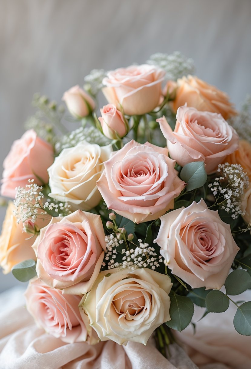 A close-up of a bouquet of pastel-colored roses with greenery and baby's breath.