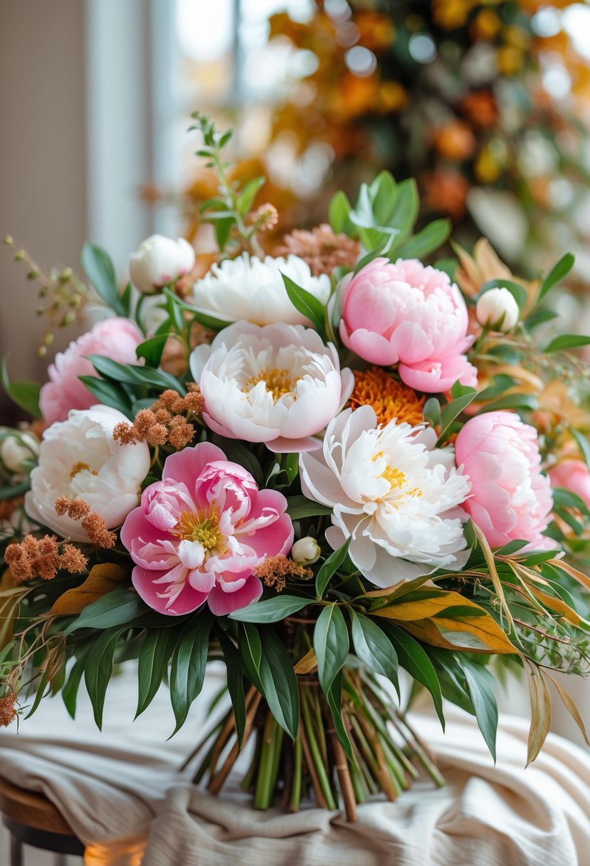 A close-up of a wedding bouquet with pink and white peonies and green leaves.
