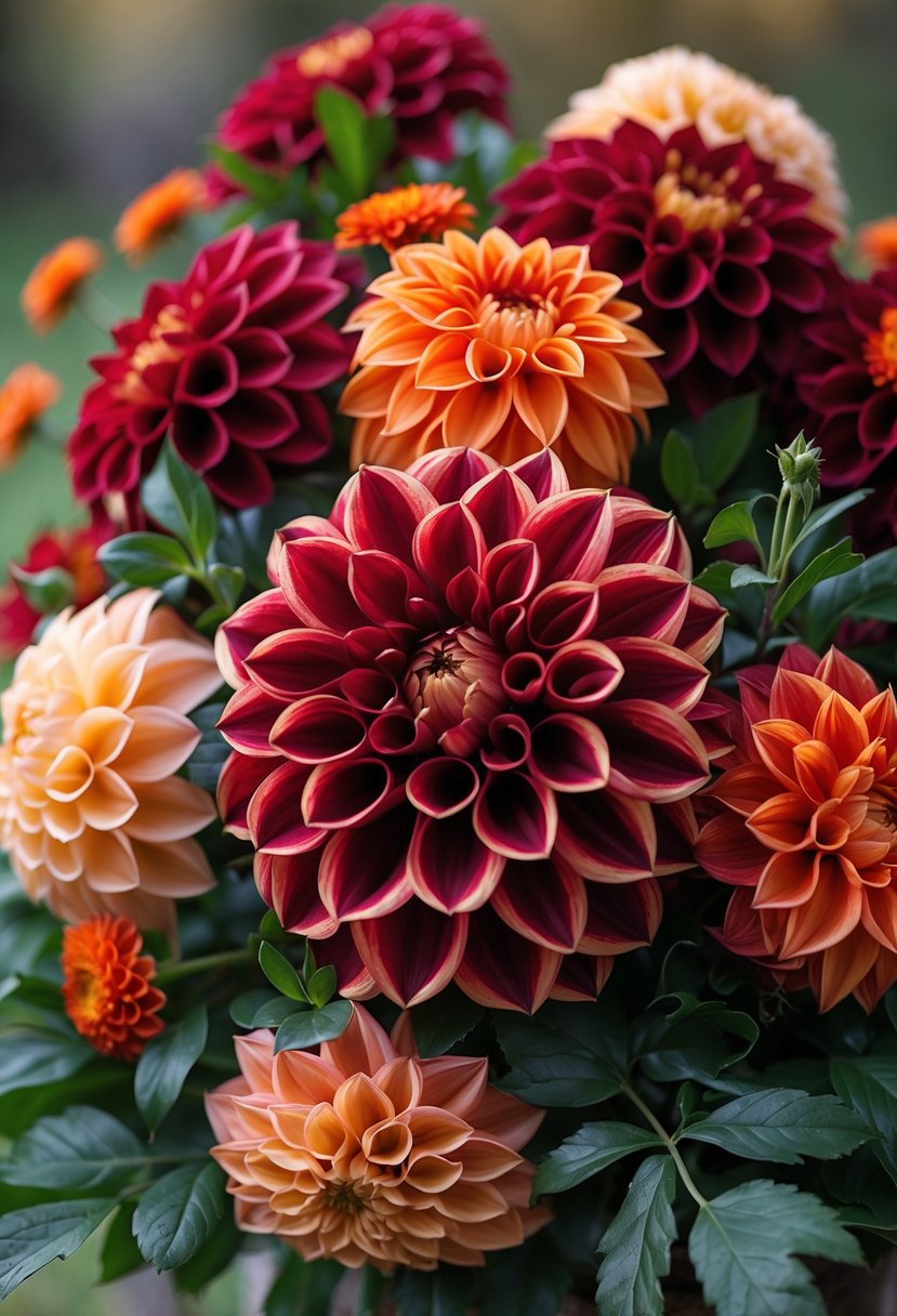 A close-up of a bouquet of deep red and orange dahlias with green leaves.