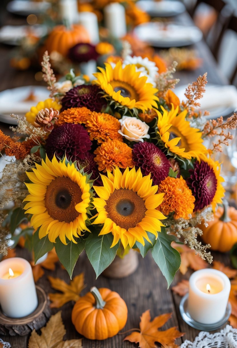 A vibrant autumn wedding floral arrangement with sunflowers, fall flowers, autumn leaves, small pumpkins, and candles on a rustic wooden table.