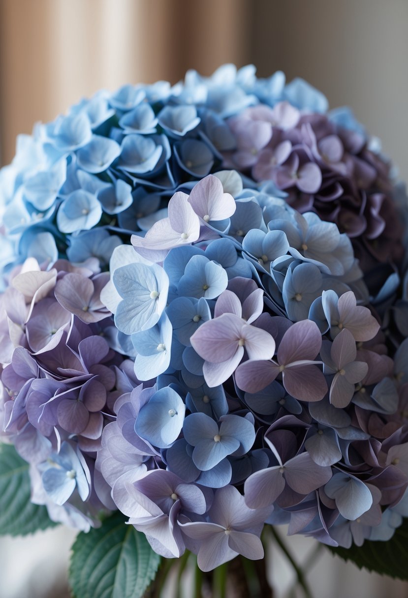 Close-up of a bouquet of hydrangeas in soft blue and purple shades.