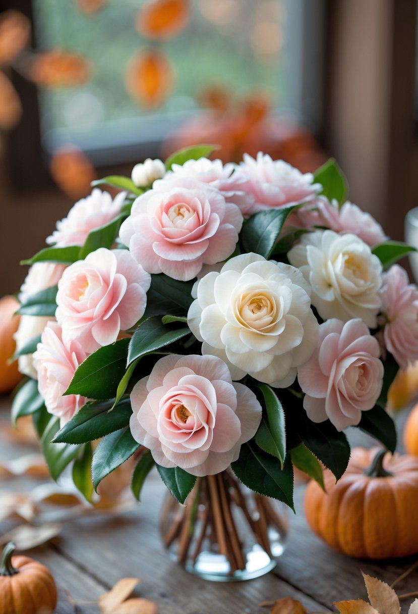 A bouquet of pink and white camellia flowers with green leaves on a wooden table surrounded by autumn leaves and small pumpkins.