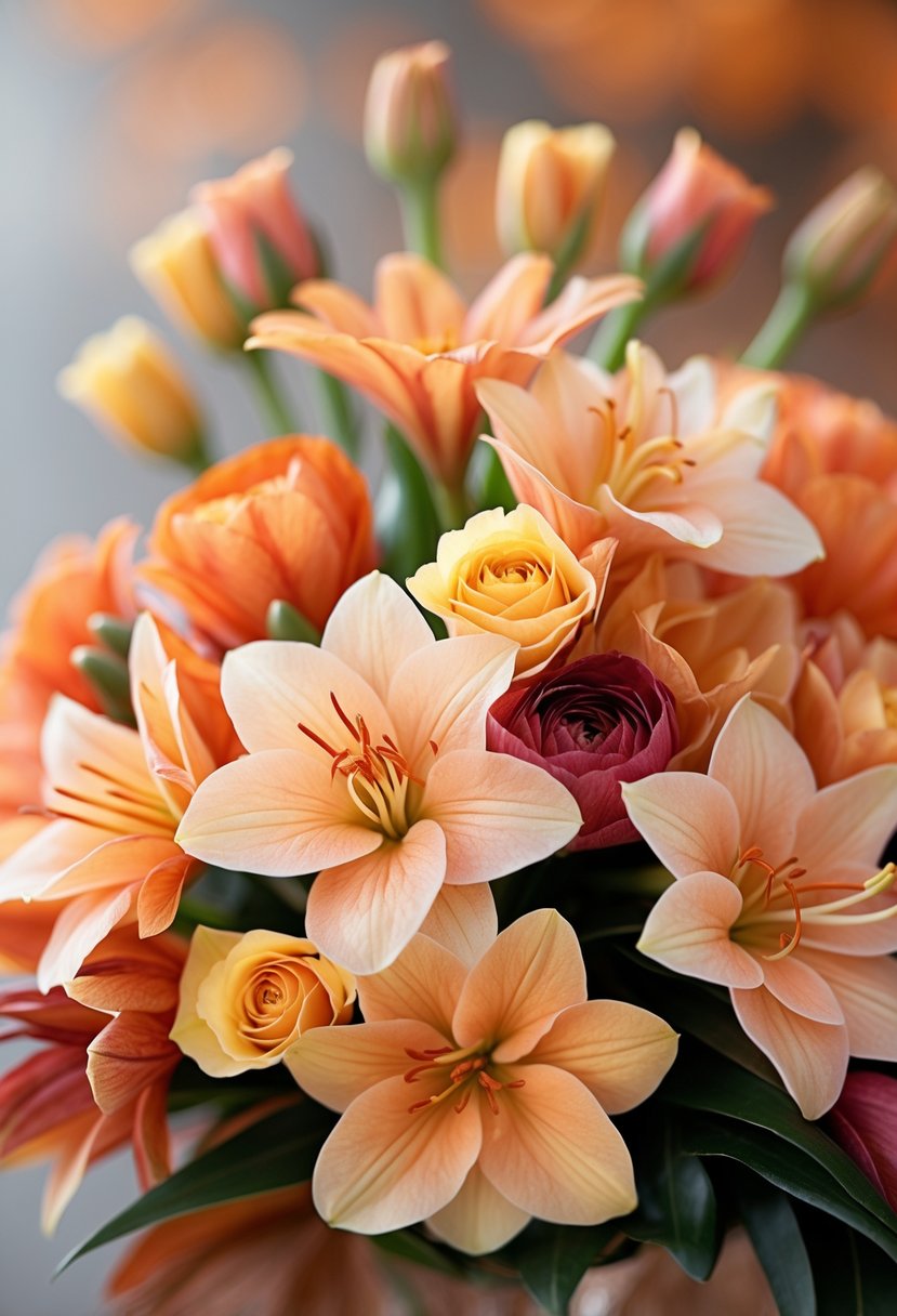 Close-up of warm-toned Alstroemeria flowers arranged for an October wedding.