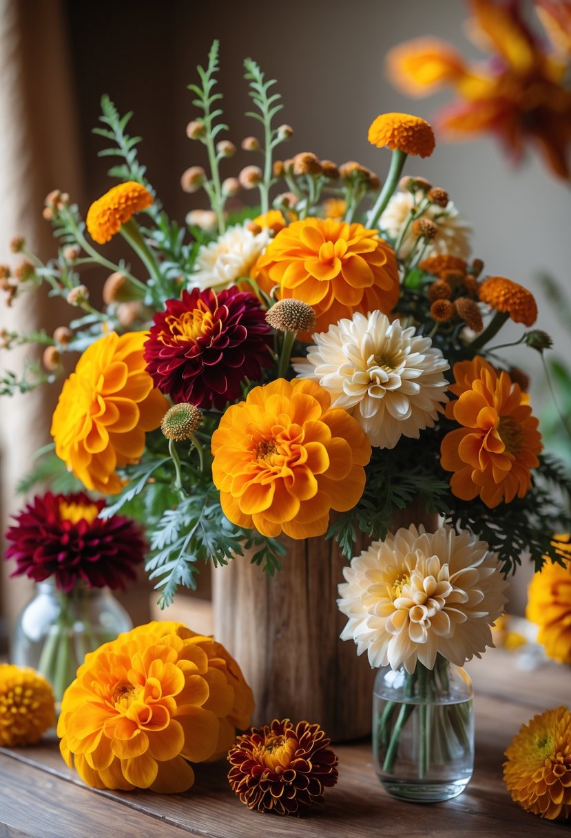 A colorful wedding floral arrangement with bright orange and yellow marigolds mixed with autumn flowers on a wooden table.
